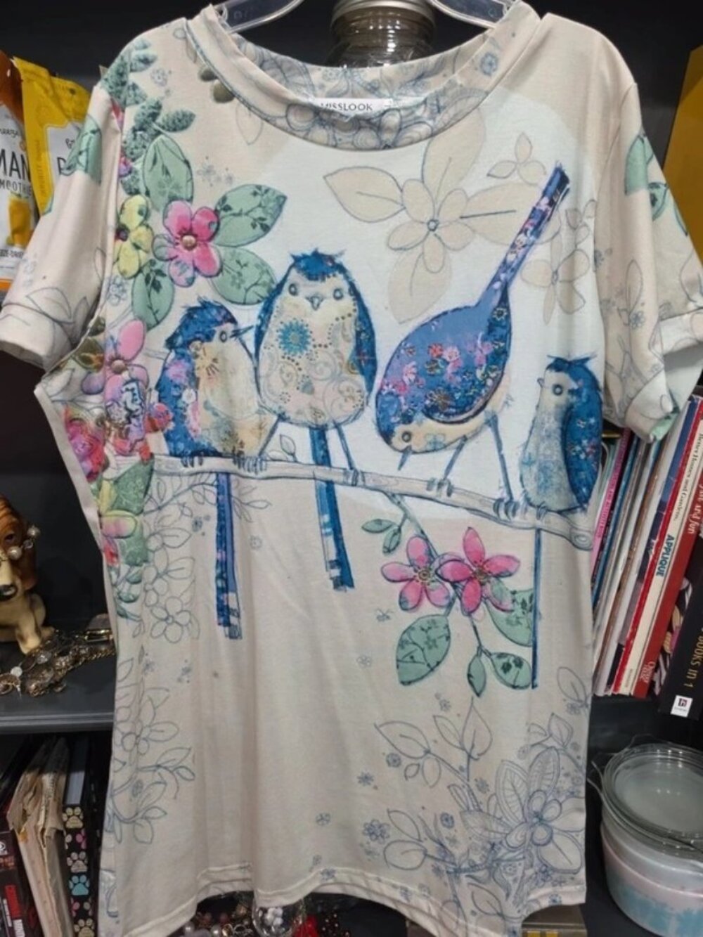 Watercolor Bird Floral Print L Cap Sleeve Misslook Blouse Shirt